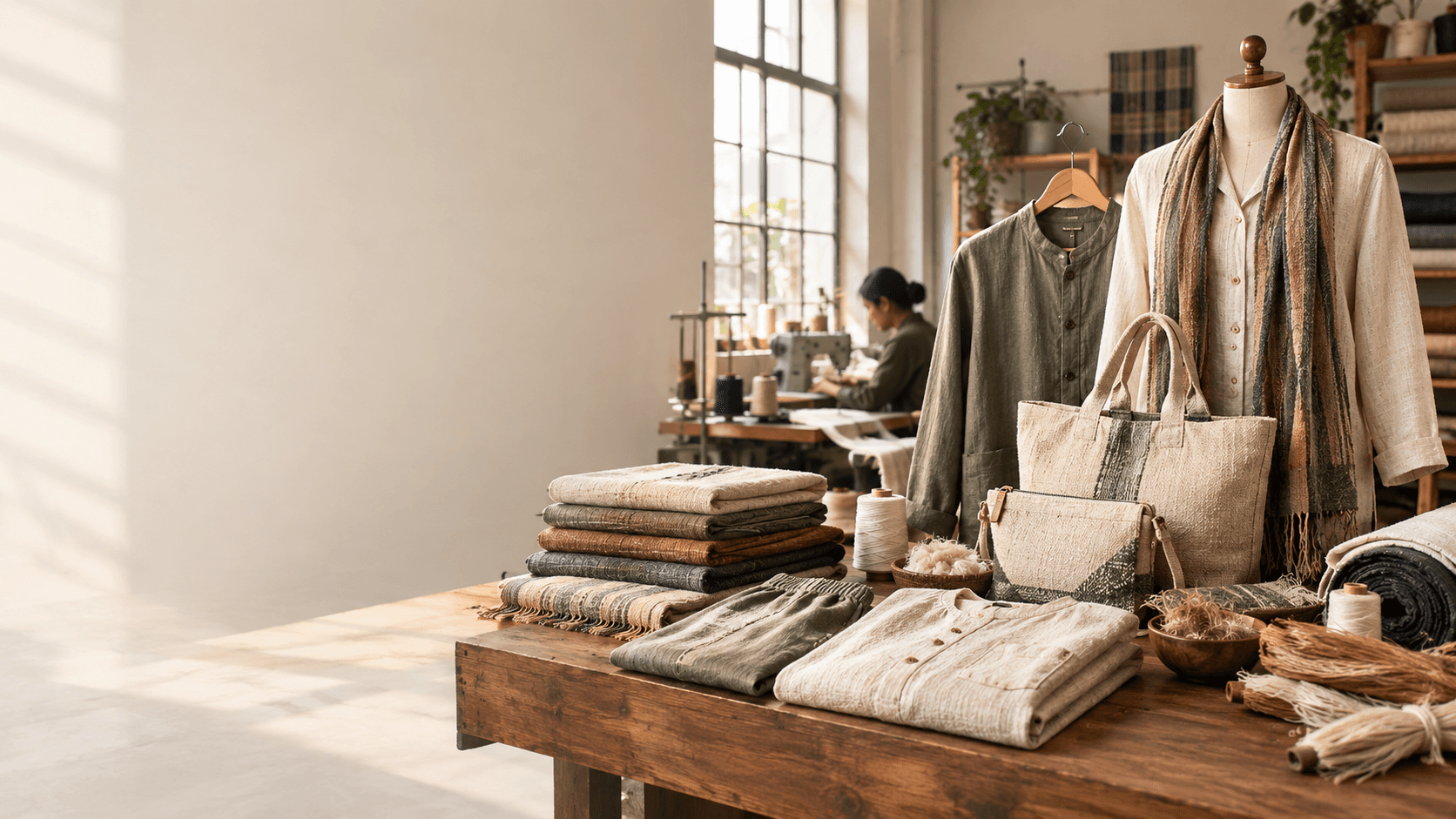 Shree Vastra Creation textile studio — folded hemp and cotton fabrics, finished bags and garments